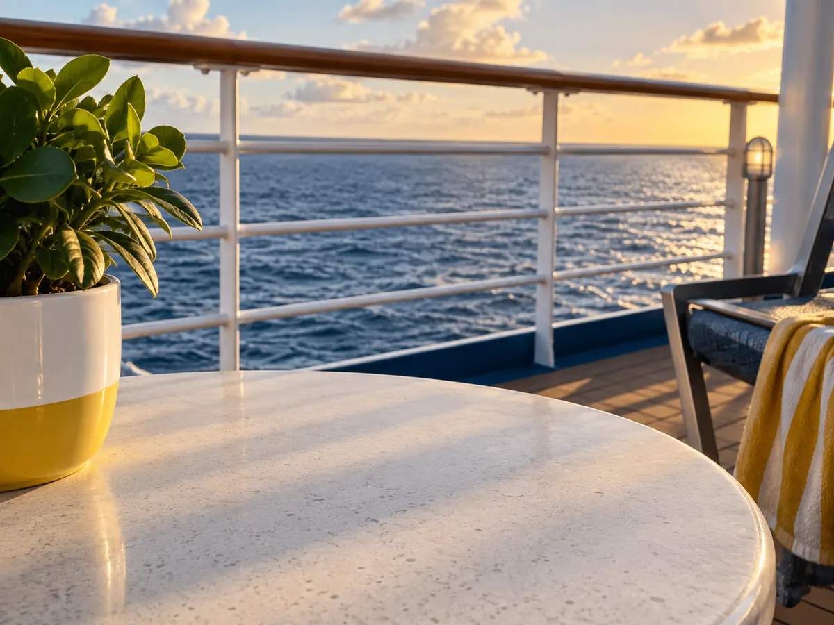 An open table on a cruise deck overlooking the sea
