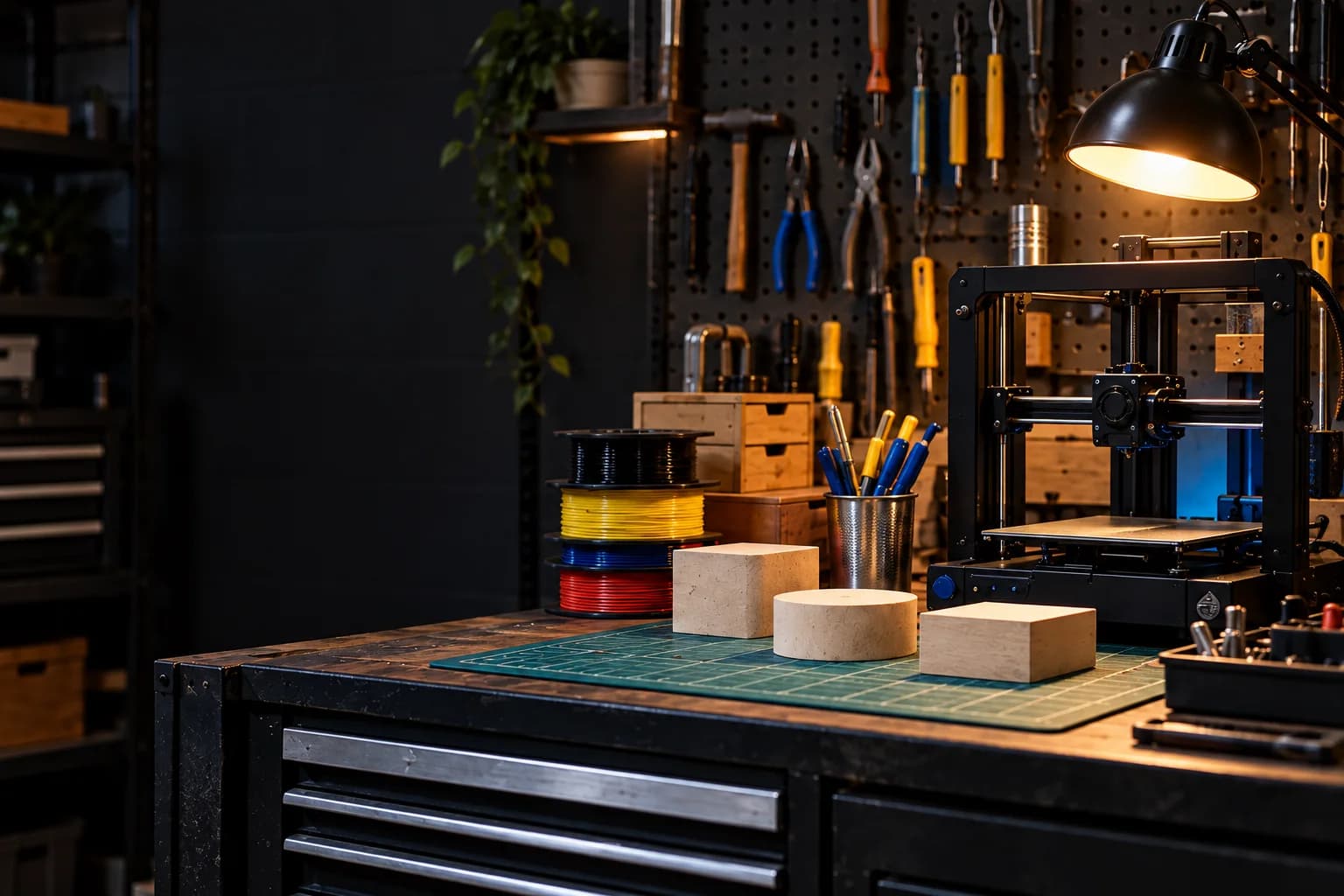 A warm 3D-printing workshop with a printer, task lamp, tools, filament, and plain test blocks