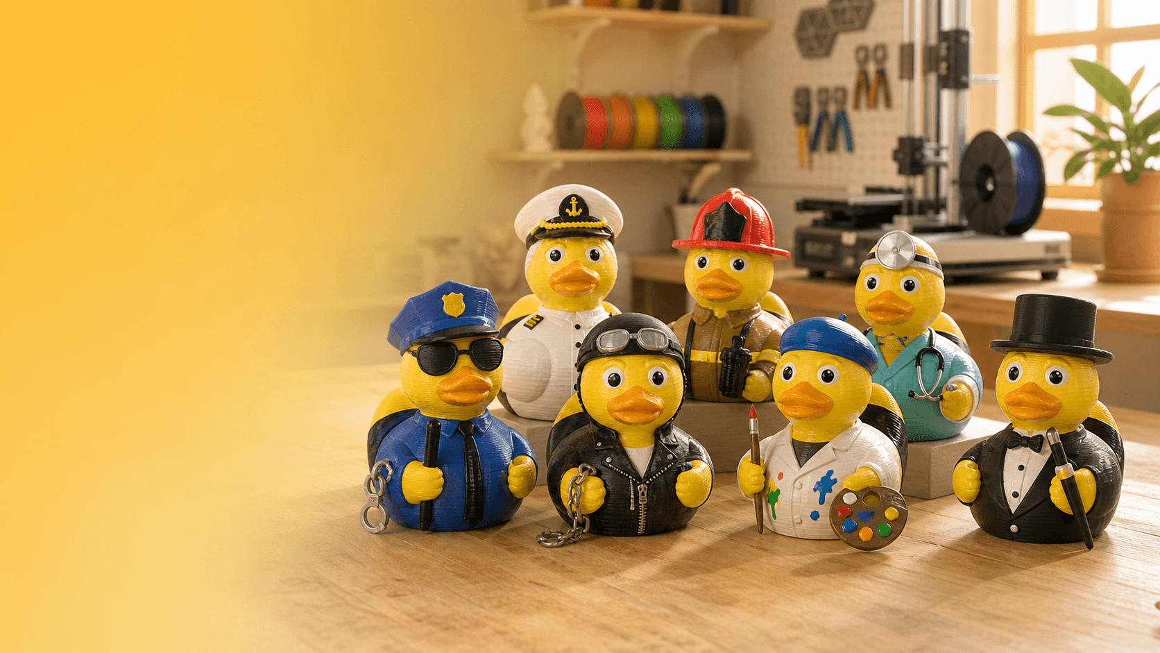A curated group of MattMadeMe character ducks in the workshop
