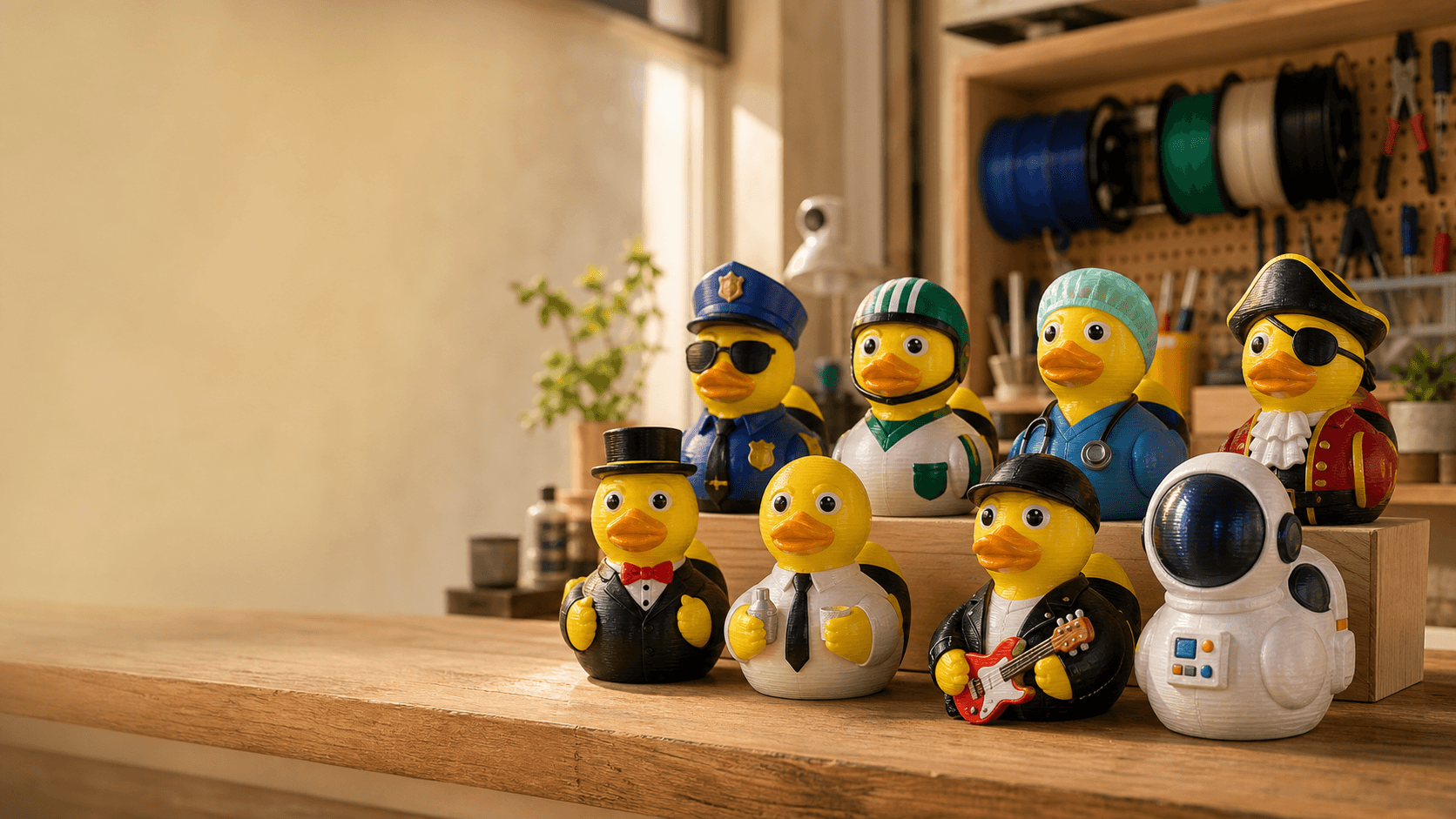 A joyful lineup of MattMadeMe character ducks