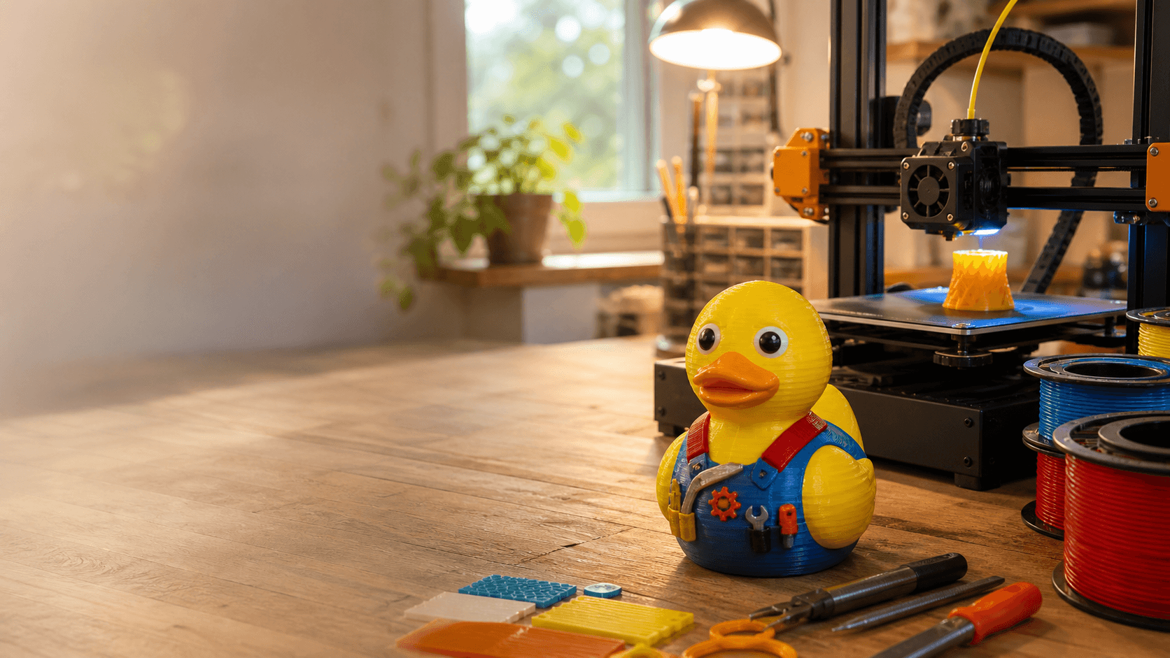 A character duck beside a 3D printer in the MattMadeMe workshop